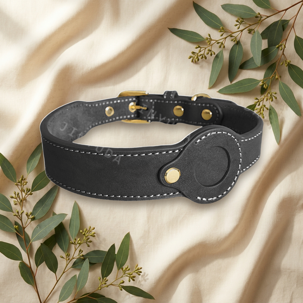 Black leather dog collar on cream linen — Furmonogram