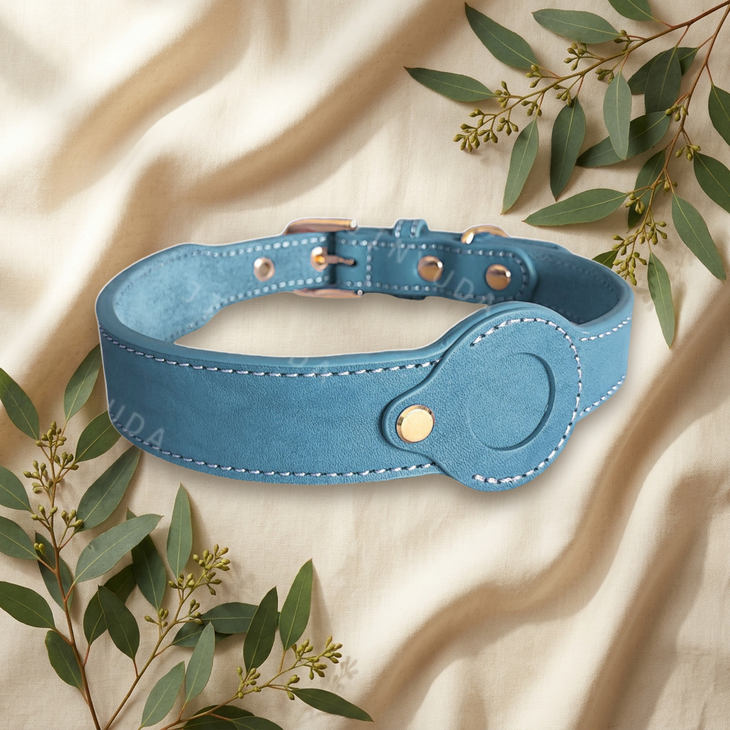 Peacock blue leather dog collar on cream linen — Furmonogram