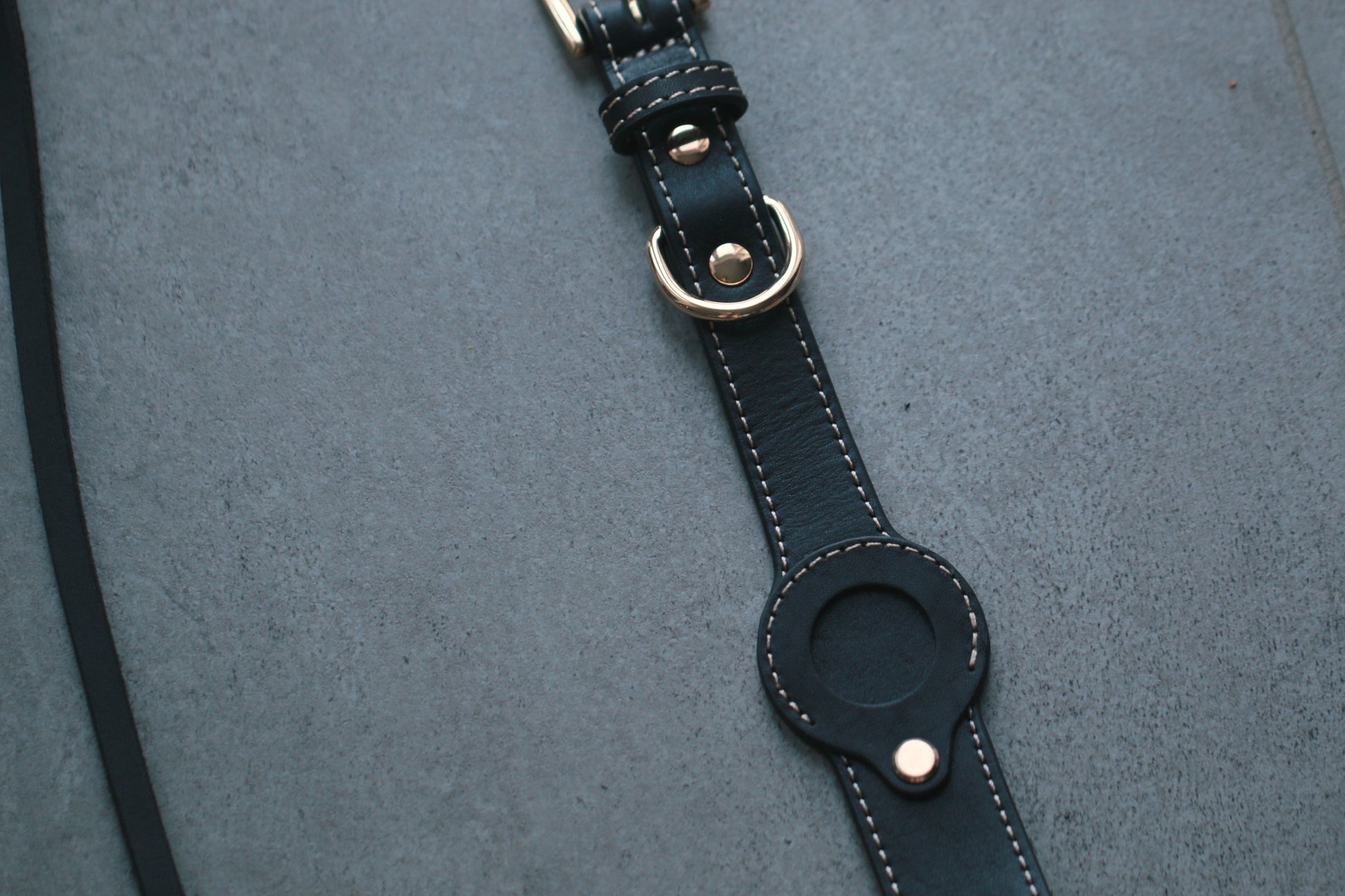 Real photo: built-in AirTag holder on the collar band, close-up
