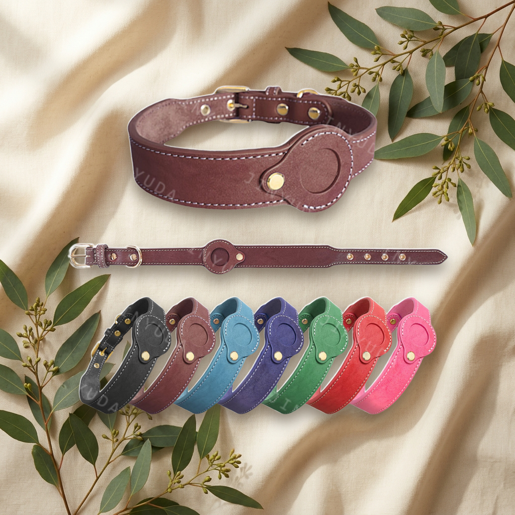 Premium leather dog collar on cream linen — Furmonogram
