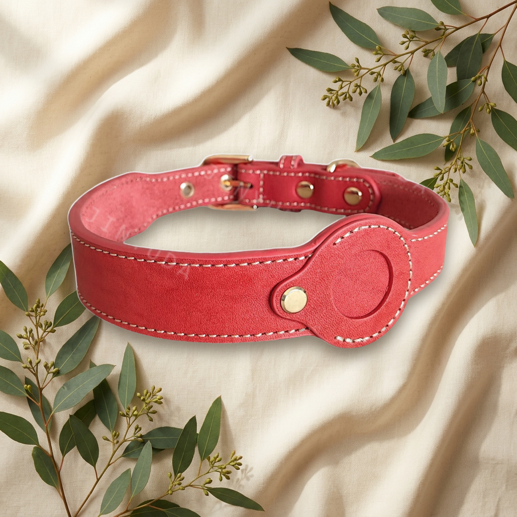 Red leather dog collar on cream linen — Furmonogram