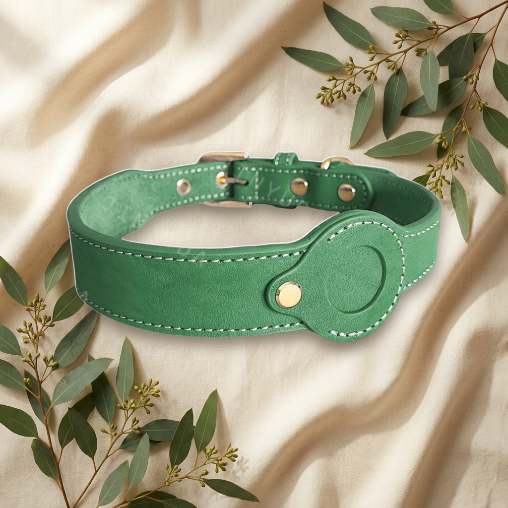 Green leather dog collar on cream linen — Furmonogram