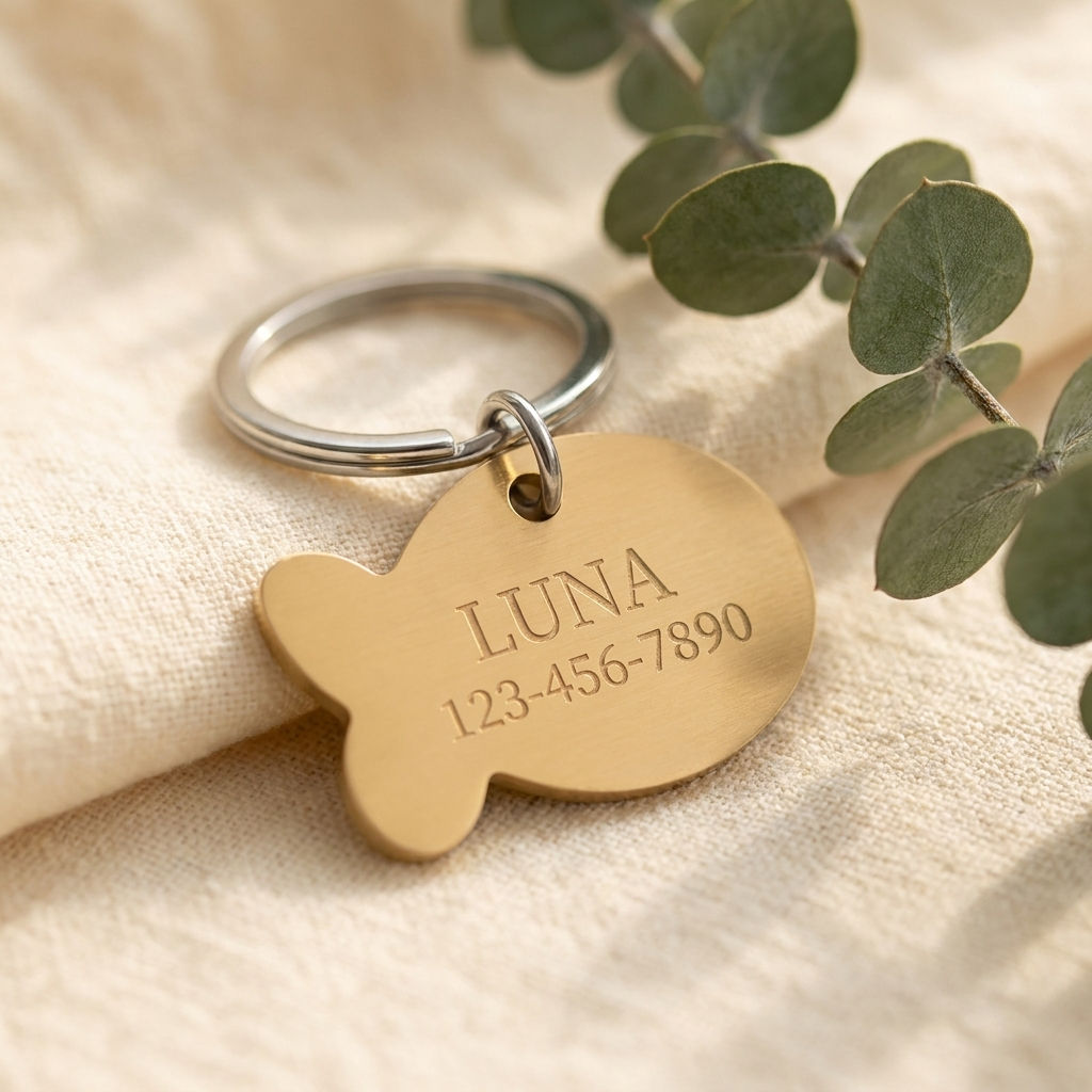 Gold Furmonogram stainless steel pet ID tag with example engraving, on cream linen with eucalyptus