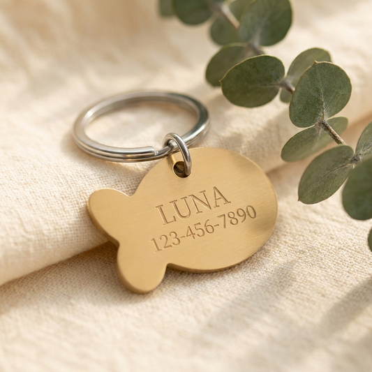 Gold Furmonogram stainless steel pet ID tag with example engraving, on cream linen with eucalyptus
