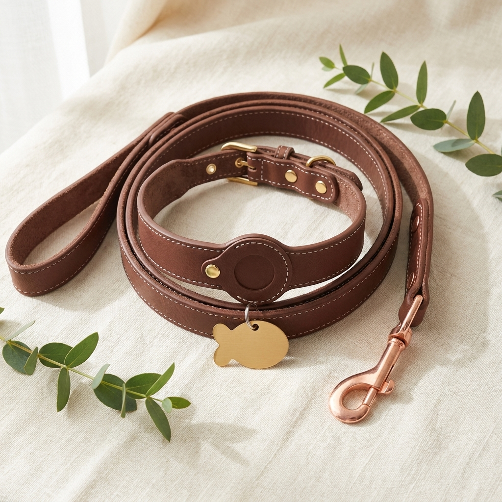 The Complete Set — Furmonogram brown leather collar, matching leash and gold engraved pet ID tag on cream linen