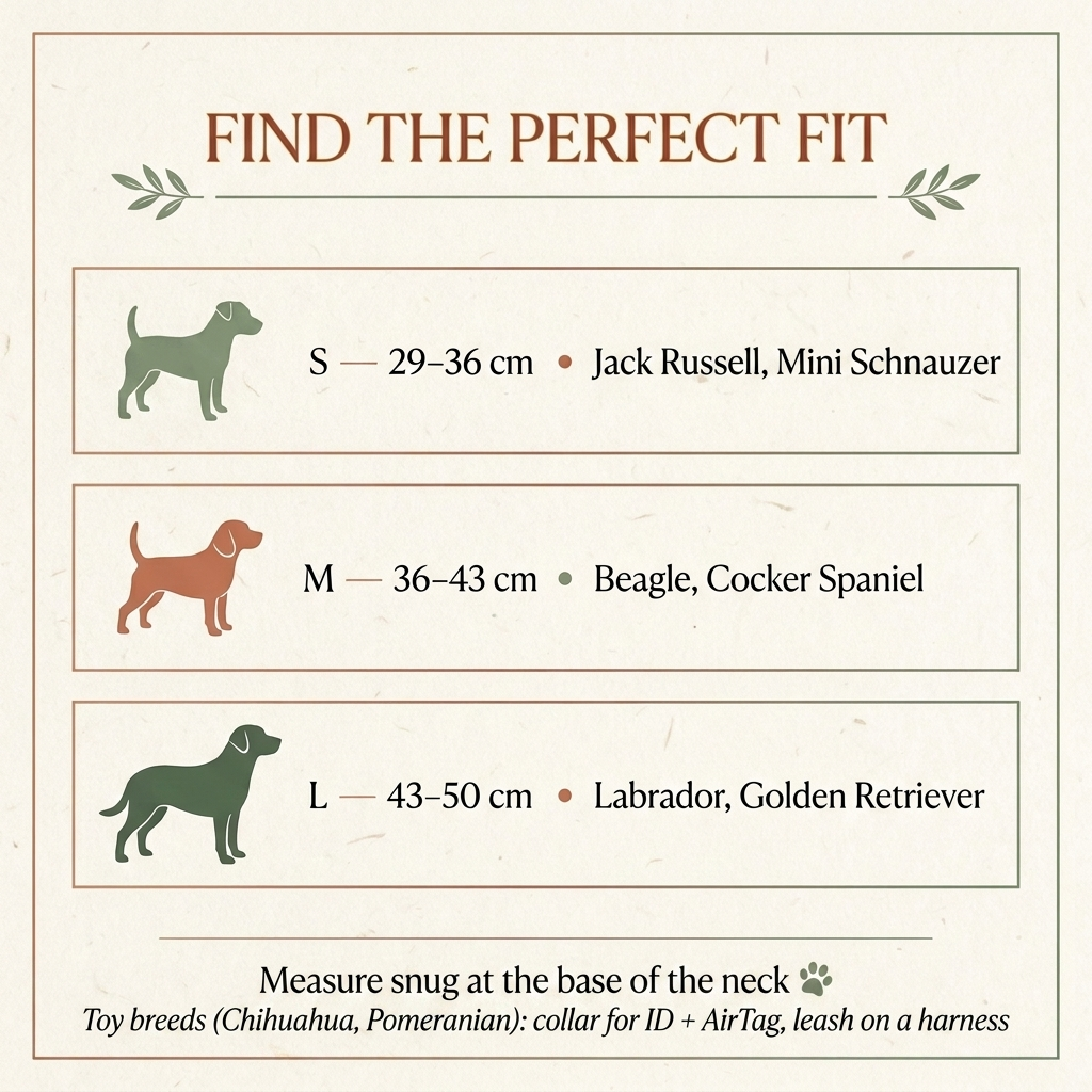 Furmonogram leather collar size guide: S, M and L with breed examples and toy-breed harness note