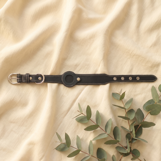 Black leather dog collar on cream linen — Furmonogram, square