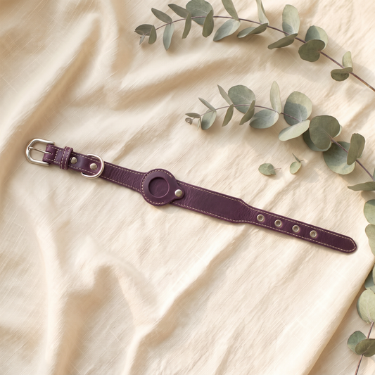 Violet leather dog collar on cream linen — Furmonogram, square