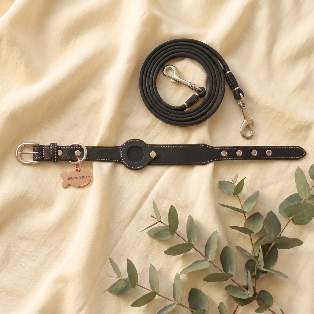 The Complete Set: Black leather collar, matching leash and Rose gold engraved tag on cream linen