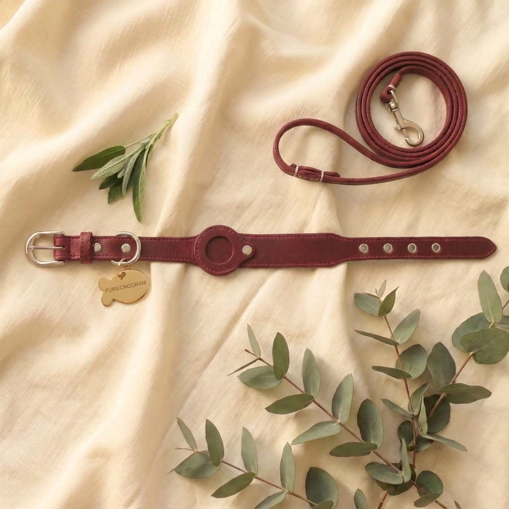 The Complete Set: Red leather collar, matching leash and Gold engraved tag on cream linen