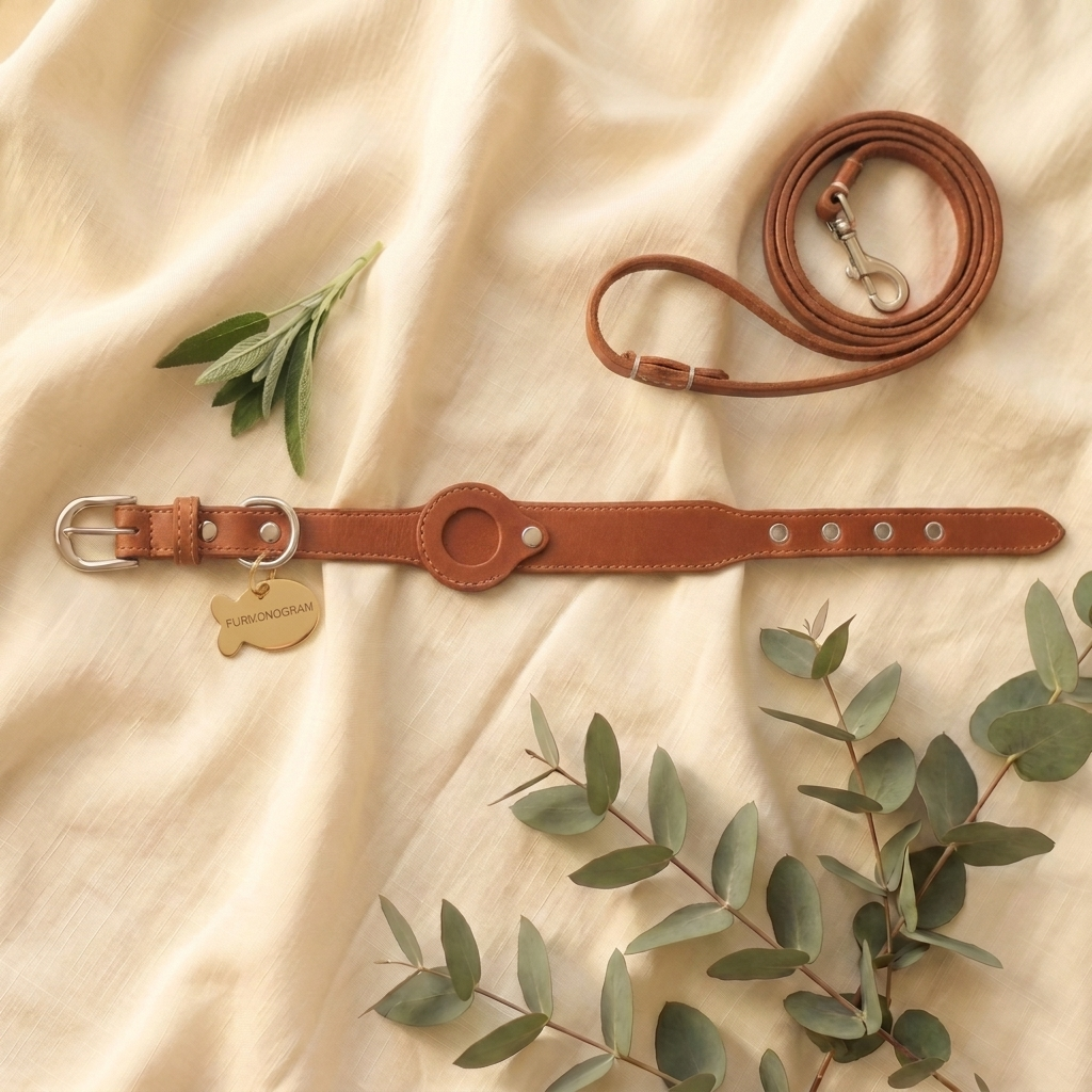 The Complete Set: Brown leather collar, matching leash and Gold engraved tag on cream linen
