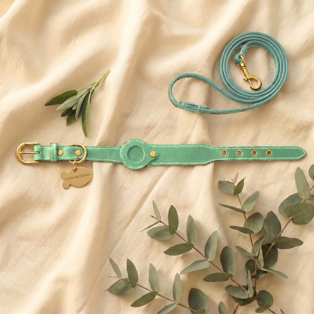 The Complete Set: Green leather collar, matching leash and Gold engraved tag on cream linen