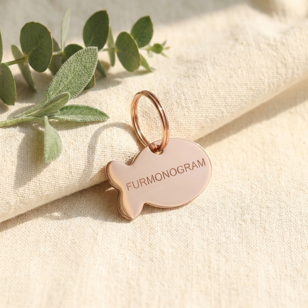 Rose gold Furmonogram stainless steel pet ID tag, flat lay on cream linen with eucalyptus accent