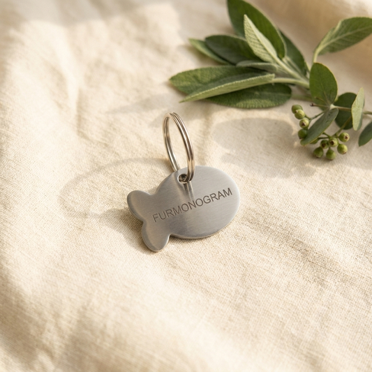 Silver Furmonogram stainless steel pet ID tag, flat lay on cream linen with eucalyptus accent