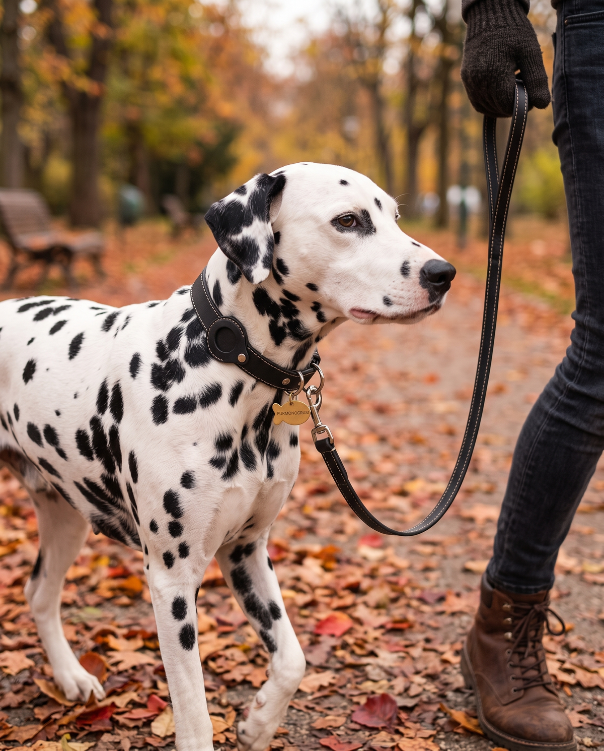 AI-generated image: Dalmatian wearing the Black Complete Set, collar, leash and gold engraved tag