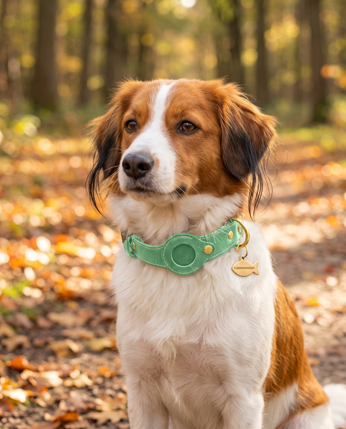 AI-generated image: Kooikerhondje wearing the Green Furmonogram leather collar