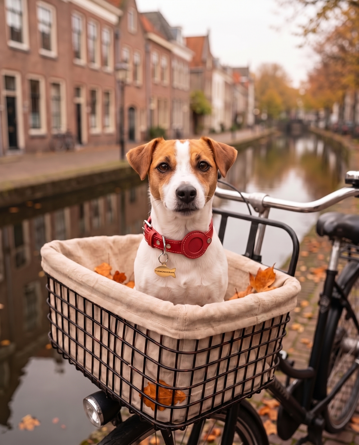 AI-generated image: Jack Russell terrier wearing the Red Furmonogram leather collar