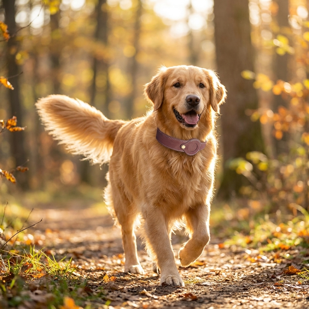 Golden retriever wearing the Furmonogram leather collar outdoors