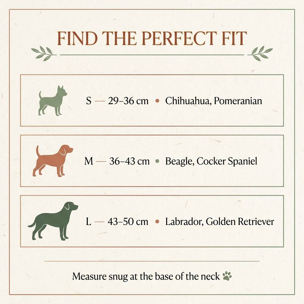Furmonogram leather collar size guide — S, M and L with breed examples